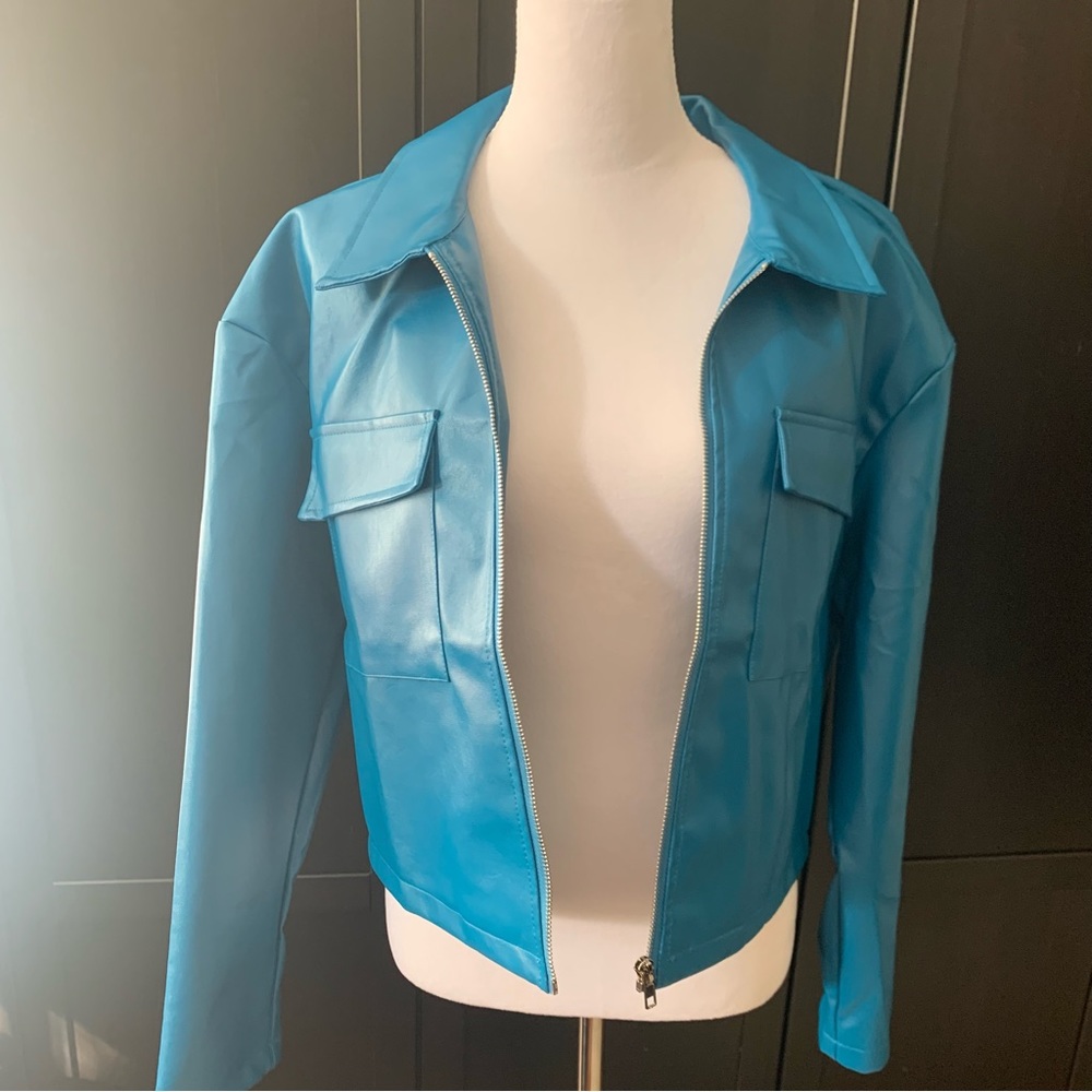 Blue Faux Leather Jacket 🦋